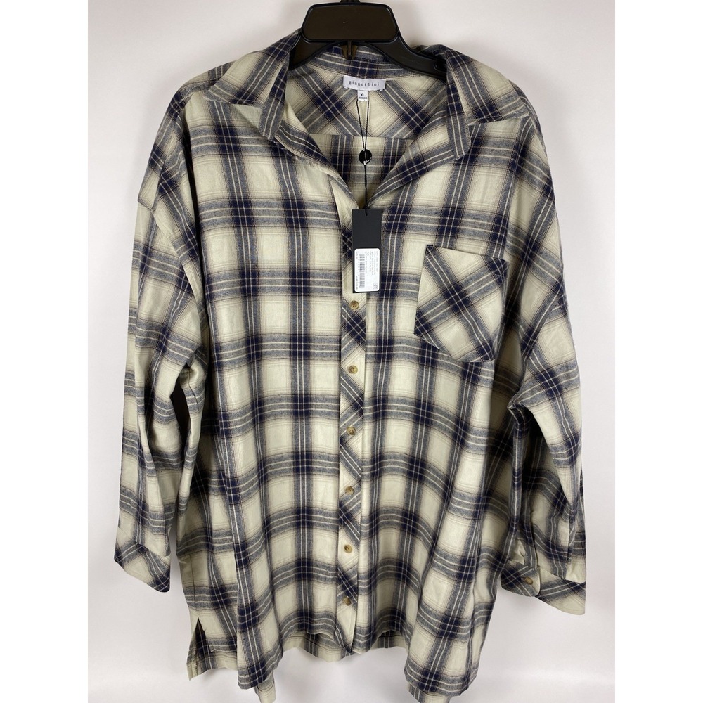 Gianni Bini Dark Blue Ivy Plaid Oversized Shirt Size XL Minimalist Cabincore NWT